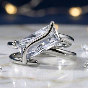 18K White Gold Plated Stainless Steel Ring Emerald Cut CZ Modern Adjustable 7-8